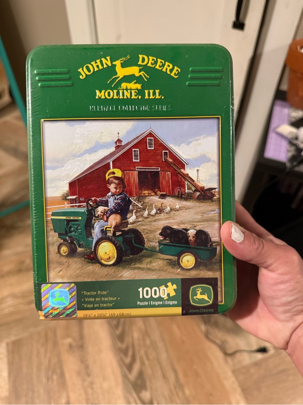 John Deere Green and Yellow Tractor Puzzle Tin with Farm Illustration